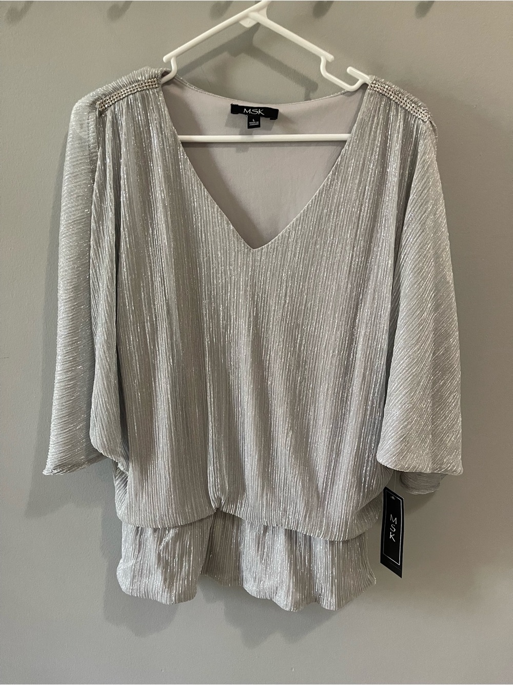 MSK Silver Metallic Split Sleeve Dolman Blouson Top Large